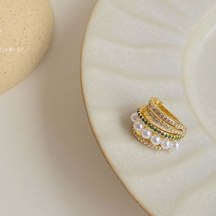 Ear Cuff Σκουλαρίκι Με Περλίτσες Και Στρας Διάφανο και Πράσινο - Image 7