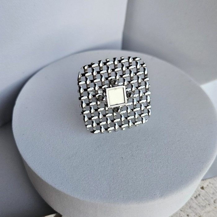 Δαχτυλίδι Ρυθμιζόμενο Τετράγωνο Πλεκτό με Λευκή Πέτρα - Ασημί - Image 2