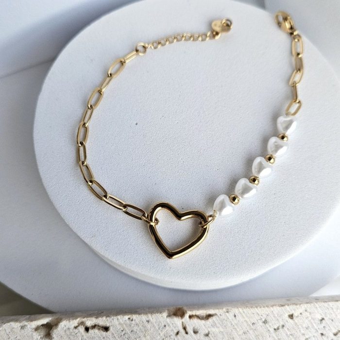 Βραχιόλι Αλυσίδα Μισό Πέρλες Μισό Αλυσίδα - Χρυσό - Image 2