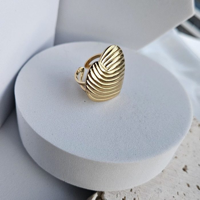 Δαχτυλίδι Ρυθμιζόμενο Καρδιά Ριγέ - Χρυσό - Image 2