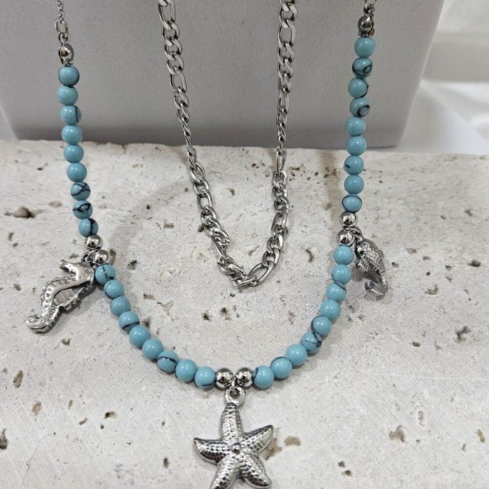 Κολιέ Διπλό με Γαλάζιες Περλίτσες και Summer Details - Ασημί - Image 2