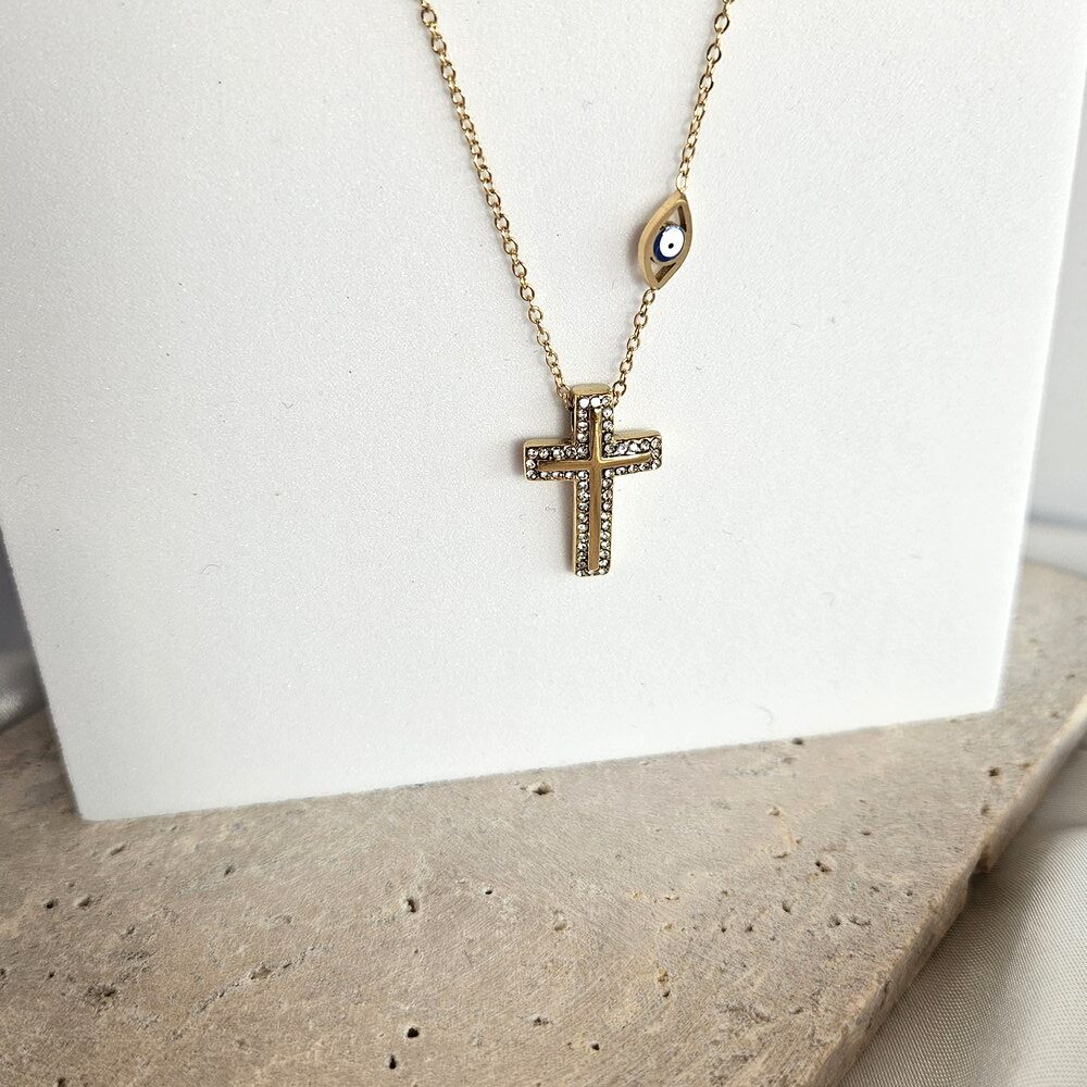 KOLIE-GUNAIKEIO-ATSALI Κολιέ Σταυρός με Ματάκι - Χρυσό - Image 1