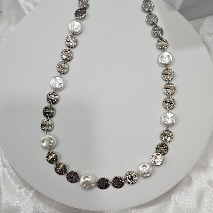 Κολιέ Πλακέτα και Πέρλα - Ασημί - Image 2