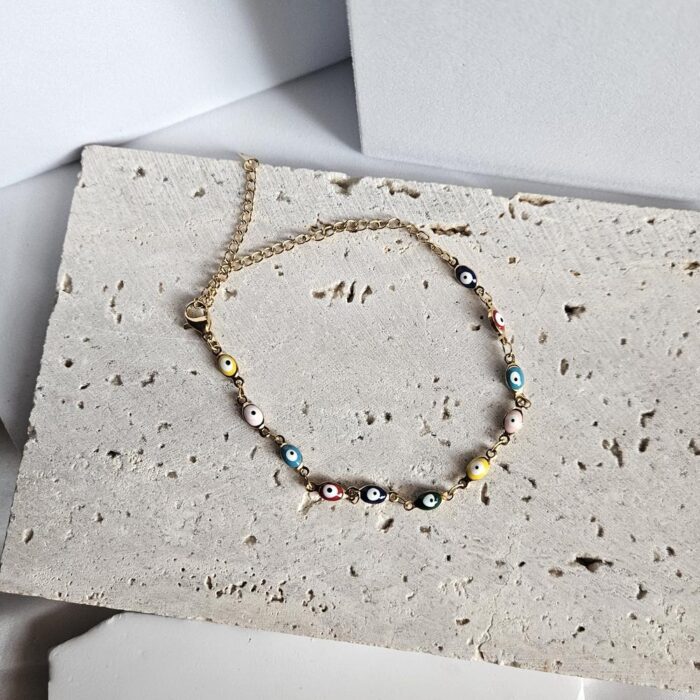 Βραχιόλι Ποδιού Με Πολύχρωμα Ματάκια - Χρυσό - Image 2