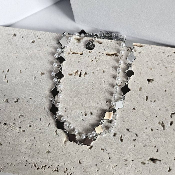 Βραχιόλι Ποδιού Διπλό με Περλίτσες και Ρόμβους - Ασημί - Image 2