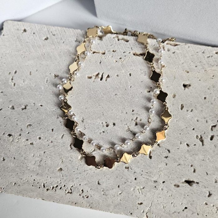 Βραχιόλι Ποδιού Διπλό με Περλίτσες και Ρόμβους - Χρυσό - Image 2