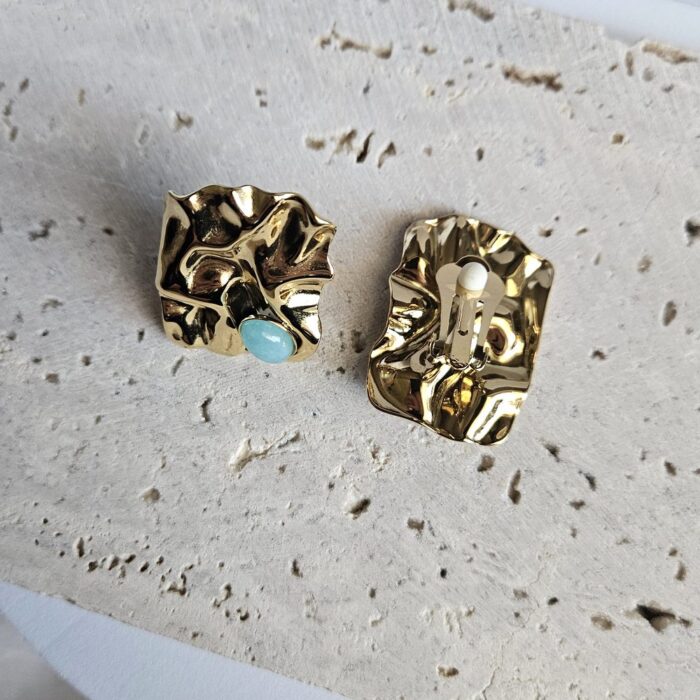 Σκουλαρίκια Κλιπ Πλακέτα με Γαλάζια Πέτρα - Χρυσό - Image 2