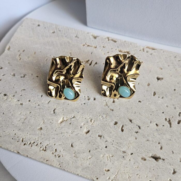 Σκουλαρίκια Κλιπ Πλακέτα με Γαλάζια Πέτρα - Χρυσό - Image 3