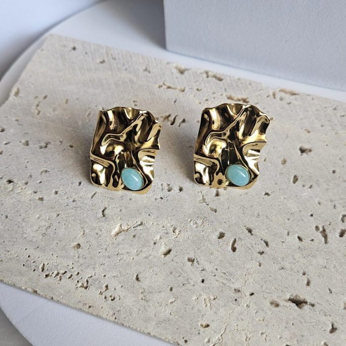 Σκουλαρίκια Κλιπ Πλακέτα με Γαλάζια Πέτρα - Χρυσό - Image 3