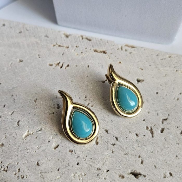 Σκουλαρίκια Κουμπωτά Drop με Γαλάζια Πέτρα - Χρυσό - Image 2