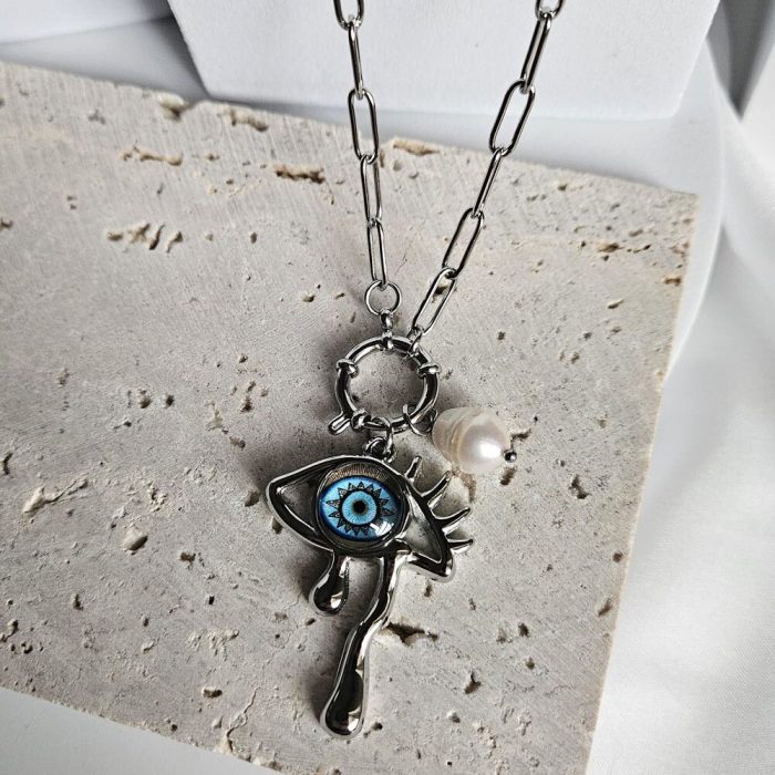 Κολιέ με Αλυσίδα Κρεμαστό Ματάκι και Περλίτσα - Ασημί - Image 2