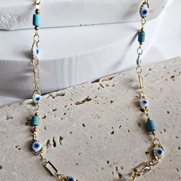 Κολιέ με Ματάκια, Γαλάζιες Πέτρες και Αλυσίδα Πλακέ- Χρυσό - Image 2