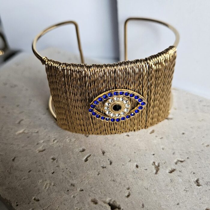 Βραχιόλι Σταθερό με Μπλε Στρας Ματάκι - Χρυσό - Image 3