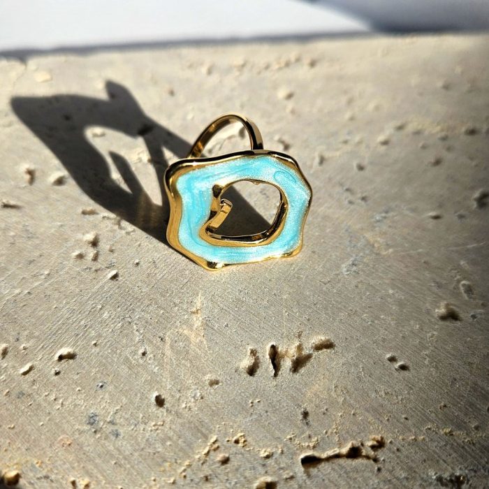 Δαχτυλίδι Ρυθμιζόμενο με Γαλάζιες Λεπτομέρειες - Χρυσό - Image 3