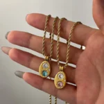 Κολιέ Oβαλ Long Pink Πέτρα - Χρυσό - Image 3