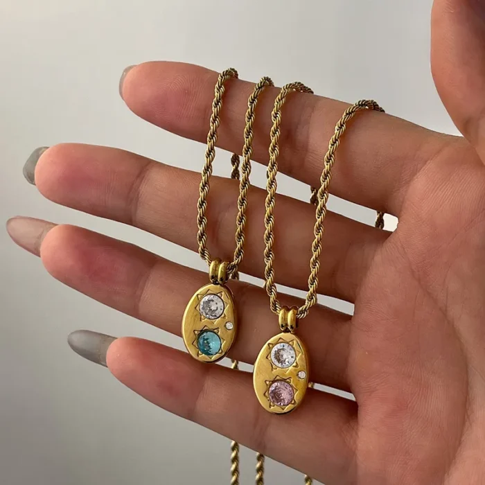 Κολιέ Oβαλ Long Pink Πέτρα - Χρυσό - Image 3