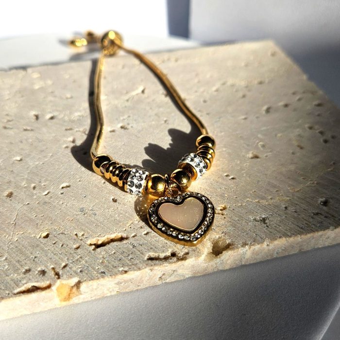 Βραχιόλι Αλυσίδα Με Κρεμαστή Καρδιά Λευκή - Χρυσό - Image 2