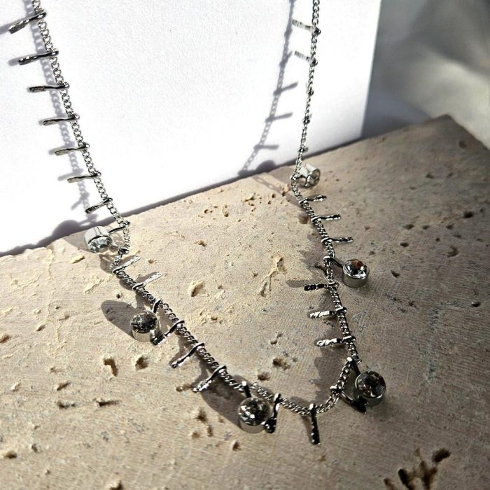 Κολιέ Αλυσίδα με Διαμαντάκια - Ασημί - Image 2