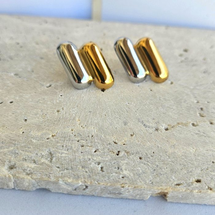 Σκουλαρίκια Κουμπωτά Double Lines - Δίχρωμα - Image 2