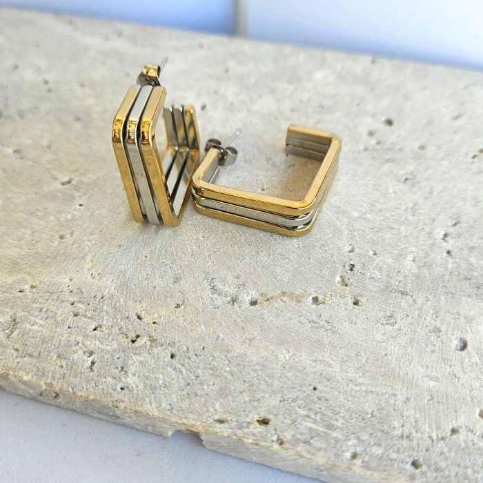 Σκουλαρίκια Κουμπωτά Half Square - Δίχρωμα - Image 2