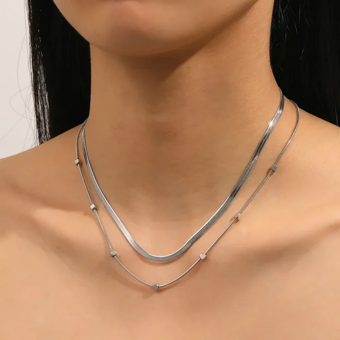 Κολιέ Διπλή Αλυσίδα με Πέτρες - Ασημί - Image 2