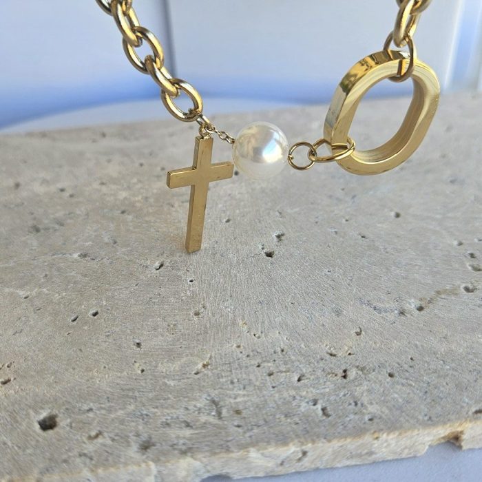 Κολιέ Αλυσίδα με Κρικάκι, Σταυρό και Περλίτσα - Χρυσό - Image 2