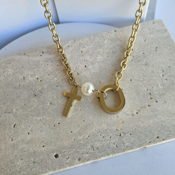Κολιέ Αλυσίδα με Κρικάκι, Σταυρό και Περλίτσα - Χρυσό - Image 3