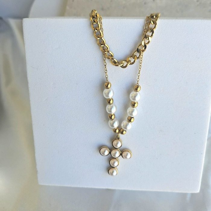 Κολιέ Διπλό με Αλυσίδα και Πέρλες Σταυρό - Χρυσό - Image 3