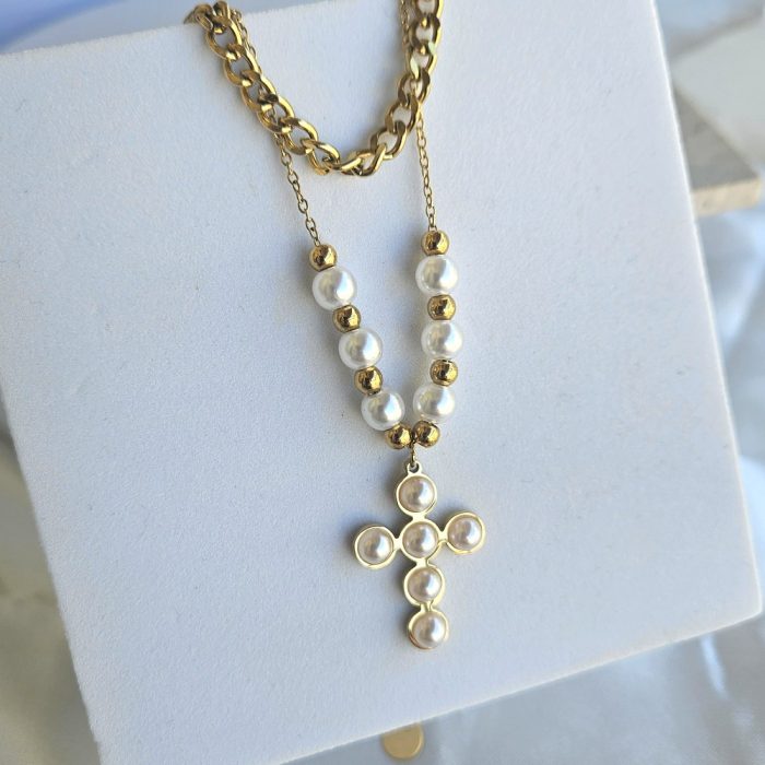 Κολιέ Διπλό με Αλυσίδα και Πέρλες Σταυρό - Χρυσό - Image 2