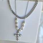 Κολιέ Διπλό με Αλυσίδα και Πέρλες Σταυρό - Ασημί