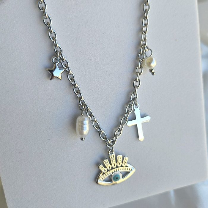 Κολιέ Αλυσίδα με Ματάκι και Περλίτσες - Ασημί - Image 2