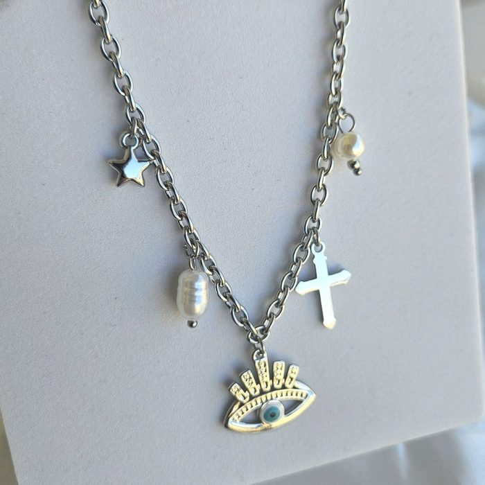 Κολιέ Αλυσίδα με Ματάκι και Περλίτσες - Ασημί - Image 2