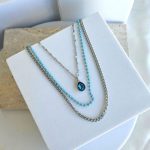 Κολιέ Τριπλή Αλυσίδα με Μπλε Λεπτομέρειες - Ασημί - Image 2