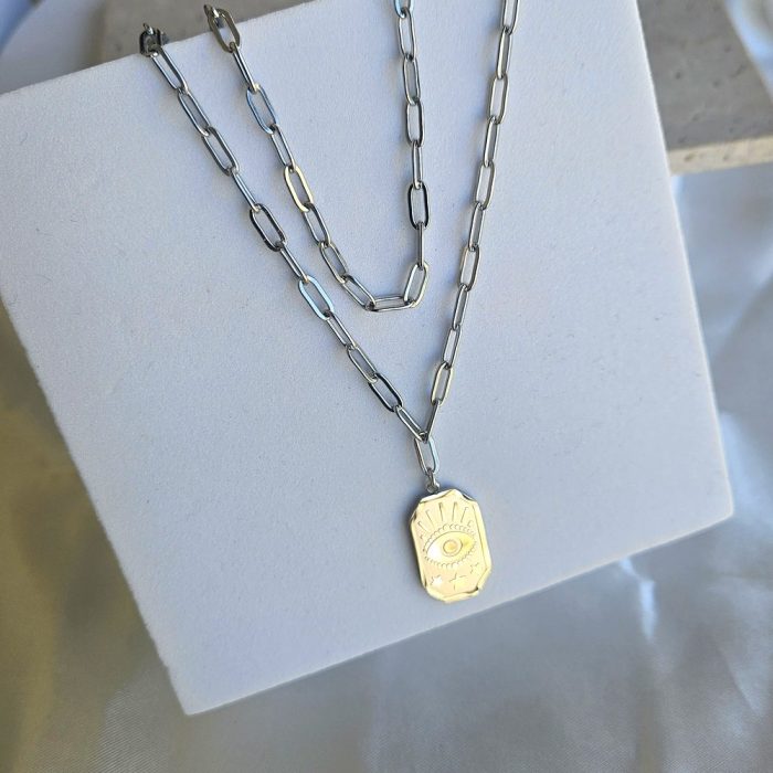 Κολιέ Αλυσίδα Διπλό με Πλακέτα Ματάκι - Χρυσό - Image 2
