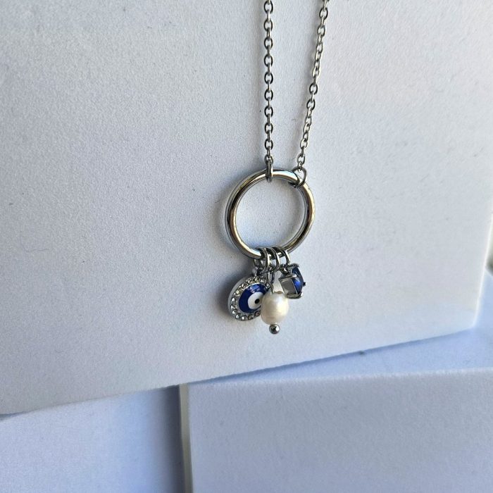Κολιέ Pearl, Circle, Eye- Ασημί - Image 2