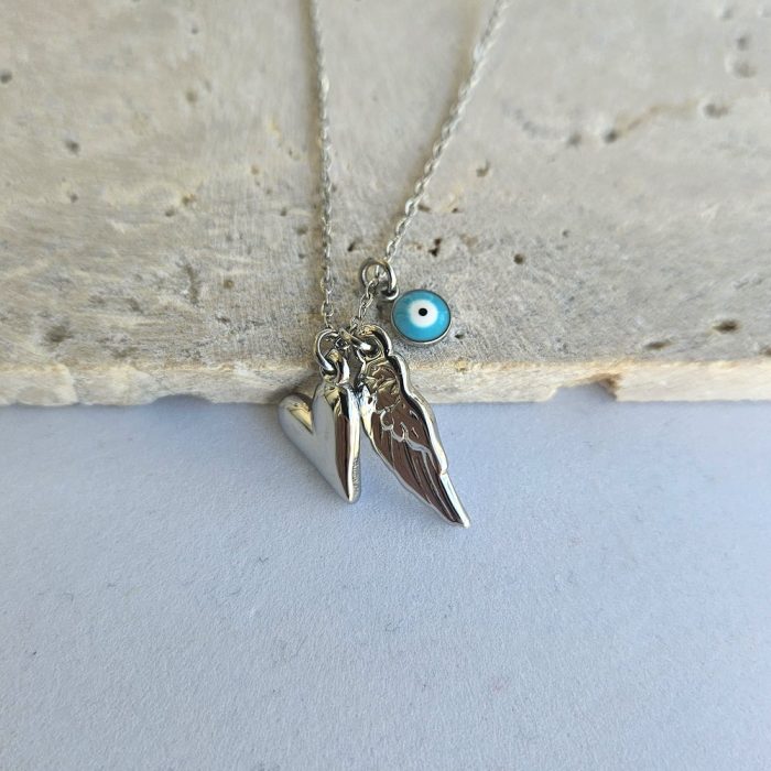 Κολιέ με Φτερό, Καρδιά και Ματάκι - Ασημί - Image 3