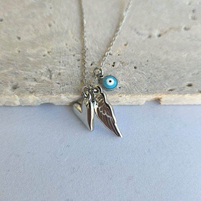 Κολιέ με Φτερό, Καρδιά και Ματάκι - Ασημί - Image 3