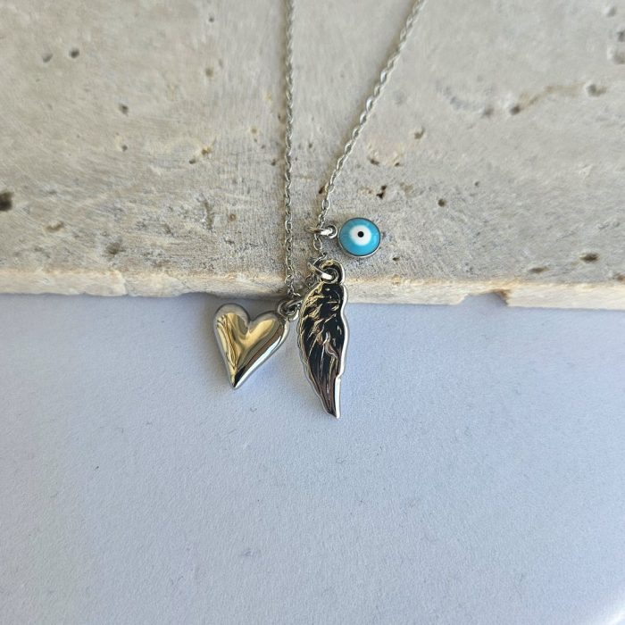 Κολιέ με Φτερό, Καρδιά και Ματάκι - Ασημί - Image 2