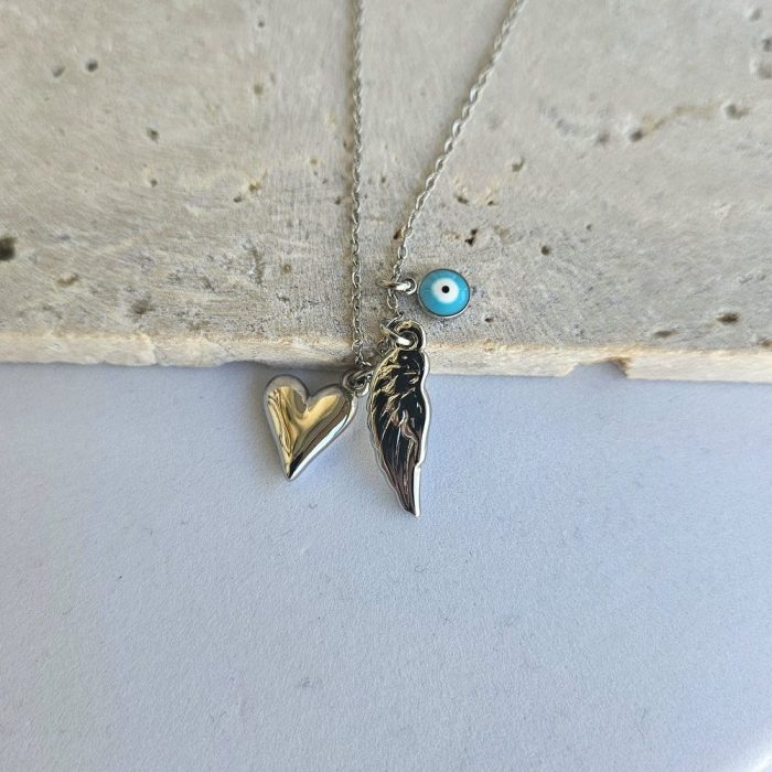 Κολιέ με Φτερό, Καρδιά και Ματάκι - Ασημί - Image 2