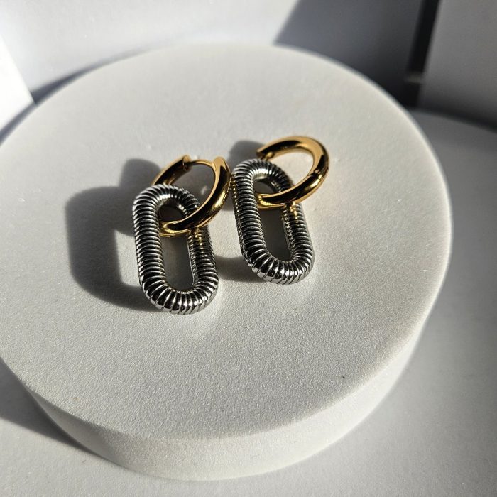 Σκουλαρίκια Κρικάκια με Κρεμαστά Οβαλ - Δίχρωμο - Image 2