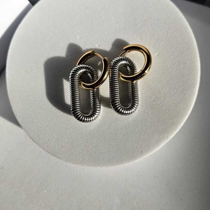 Σκουλαρίκια Κρικάκια με Κρεμαστά Οβαλ - Δίχρωμο - Image 3