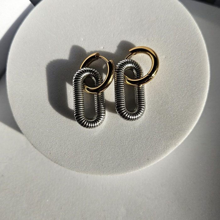 Σκουλαρίκια Κρικάκια με Κρεμαστά Οβαλ - Δίχρωμο - Image 3