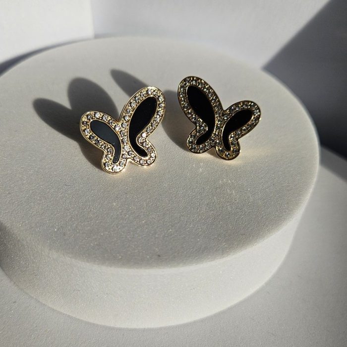 Σκουλαρίκια Κουμπωτά Πεταλούδες με Στρας - Χρυσό - Image 2