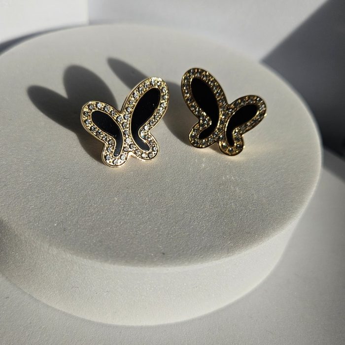 Σκουλαρίκια Κουμπωτά Πεταλούδες με Στρας - Χρυσό - Image 3