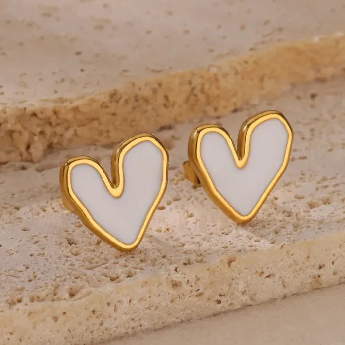 Σκουλαρίκια Κουμπωτά White Heart Shape - Χρυσό - Image 2