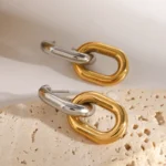 Σκουλαρίκια Κουμπωτά με Κρεμαστό Οβαλ Κρίκο - Δίχρωμα - Image 2