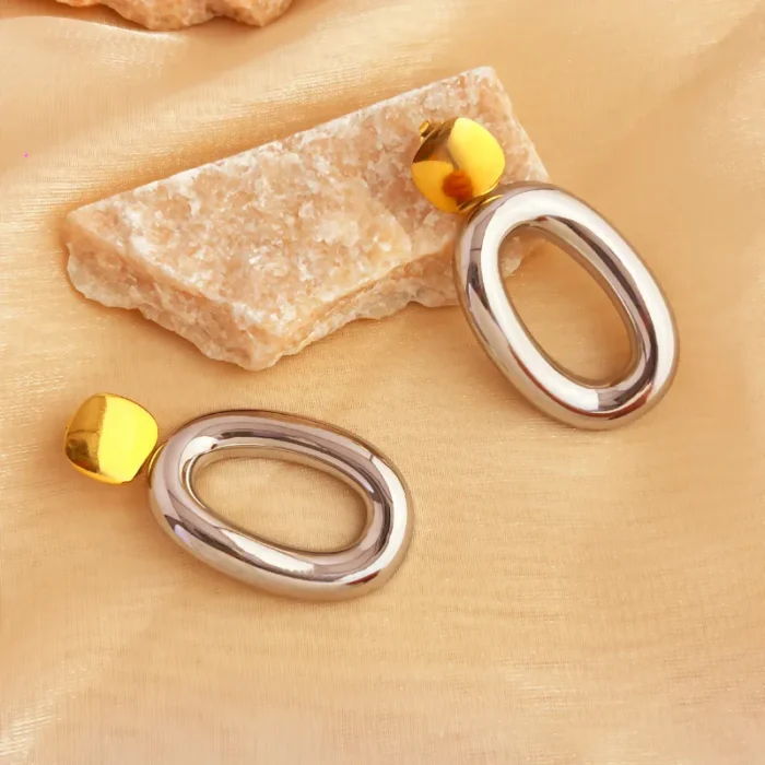 Σκουλαρίκια Κουμπωτά Κρεμαστά Οβαλ - Δίχρωμο - Image 2