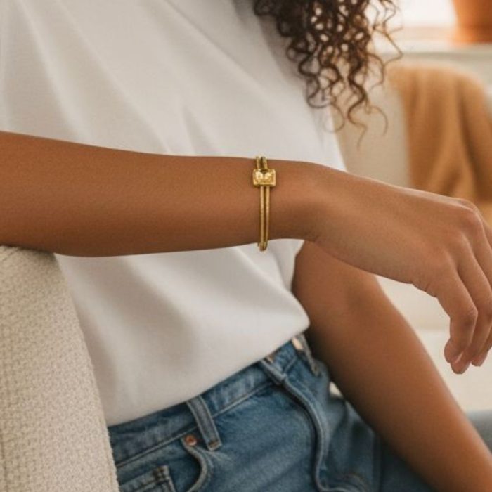 Βραχιόλι Διπλή Αλυσίδα με Τετράγωνη Λεπτομέρεια - Χρυσό - Image 2