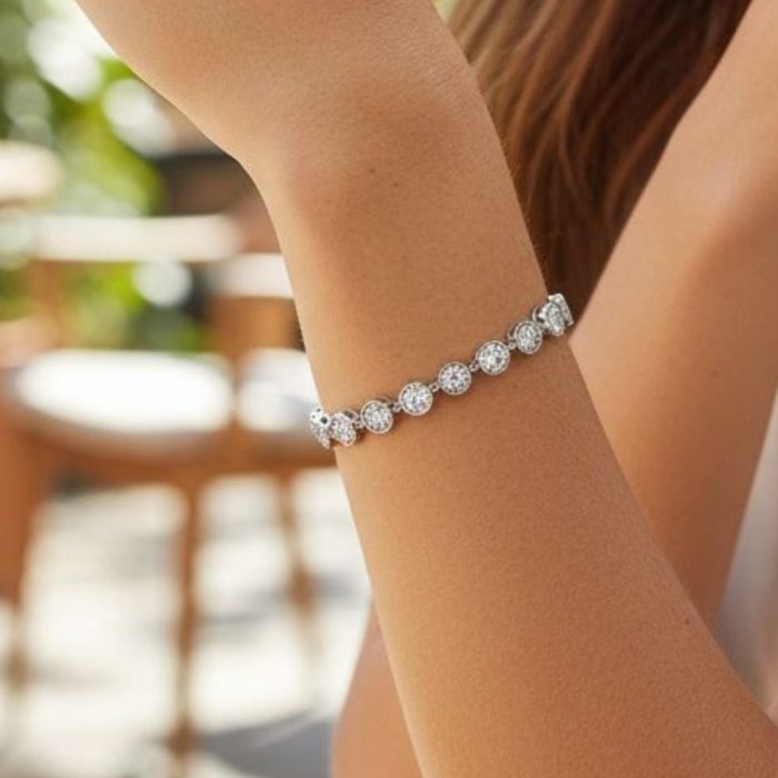 Βραχιόλι Αλυσίδα με Στρόγγυλα Πετράδια - Ασημί - Image 2