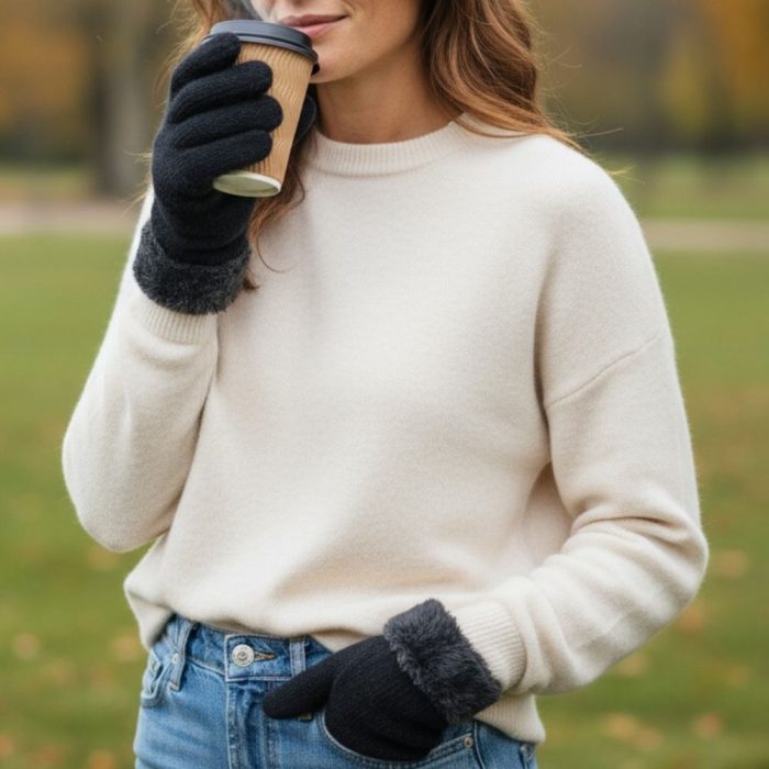 Γυναικεία Γάντια Μάλλινα με Γουνάκι στο Καρπό - Μαύρα - Image 2